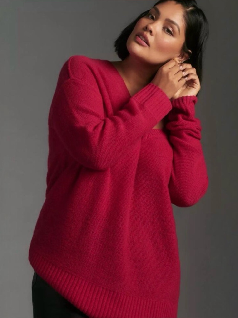 Anthropologie / 100% cashmere Hot Pink V-Neck Sweater L